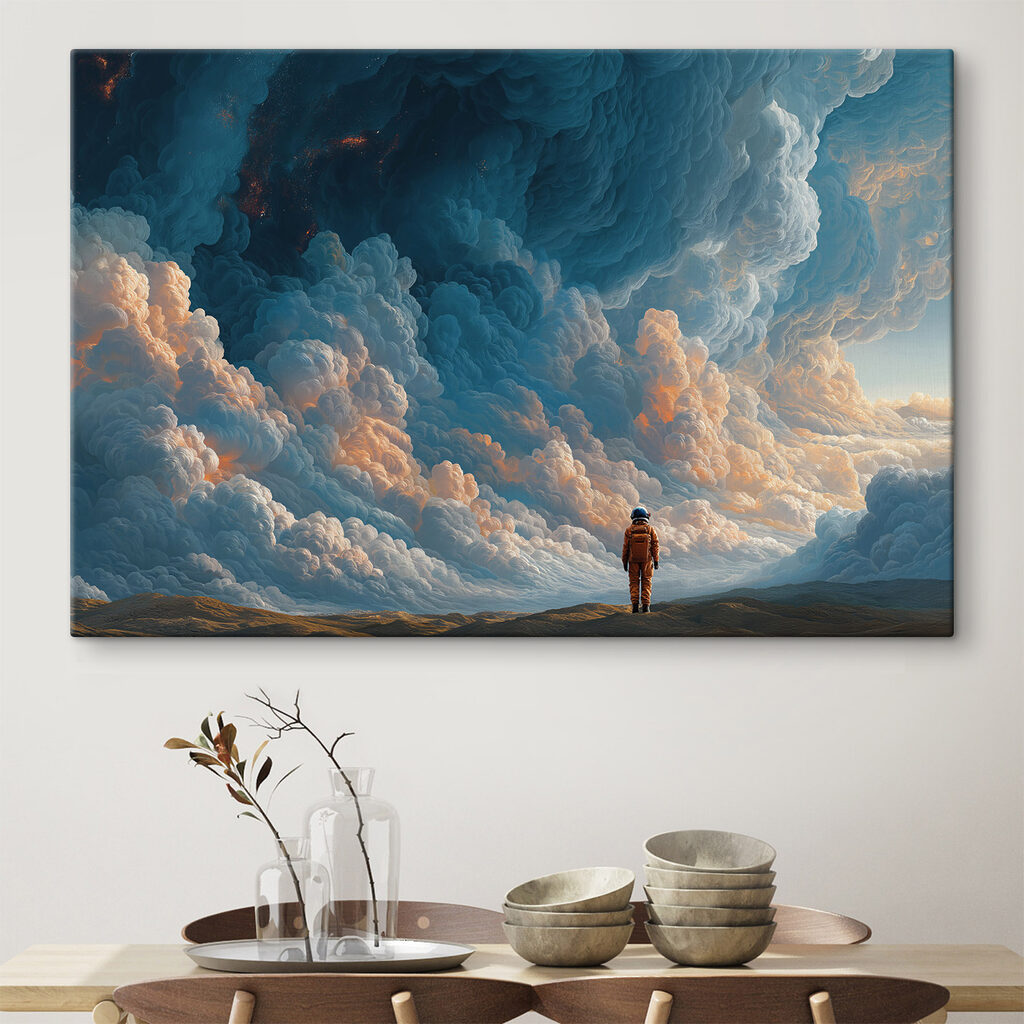 Een persoon die in een woestijn staat, met wolken op de achtergrond in een interieur