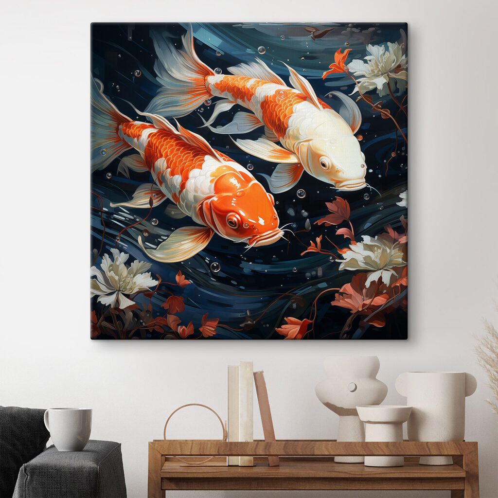 Een paar oranje en witte vissen die in het water zwemmen in een interieur