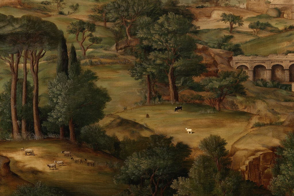 Schilderij van een landschap met bomen en dieren — volledig ontwerp