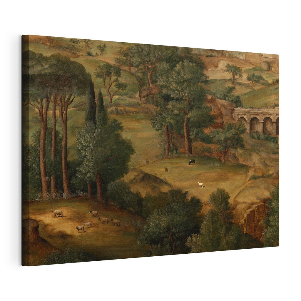 Schilderij van een landschap met bomen en dieren, gespannen canvas met doorlopende rand