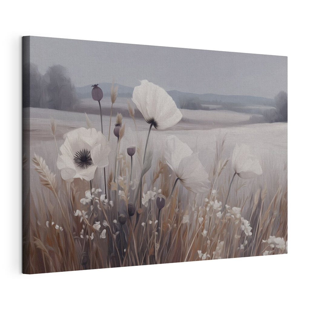 Zachte bloemen in een vredig landschap, gespannen canvas met doorlopende rand