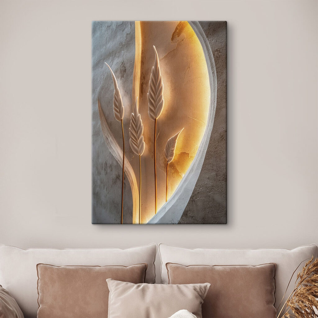 Beeldhouwwerk van bladeren en een lamp — interieur 1