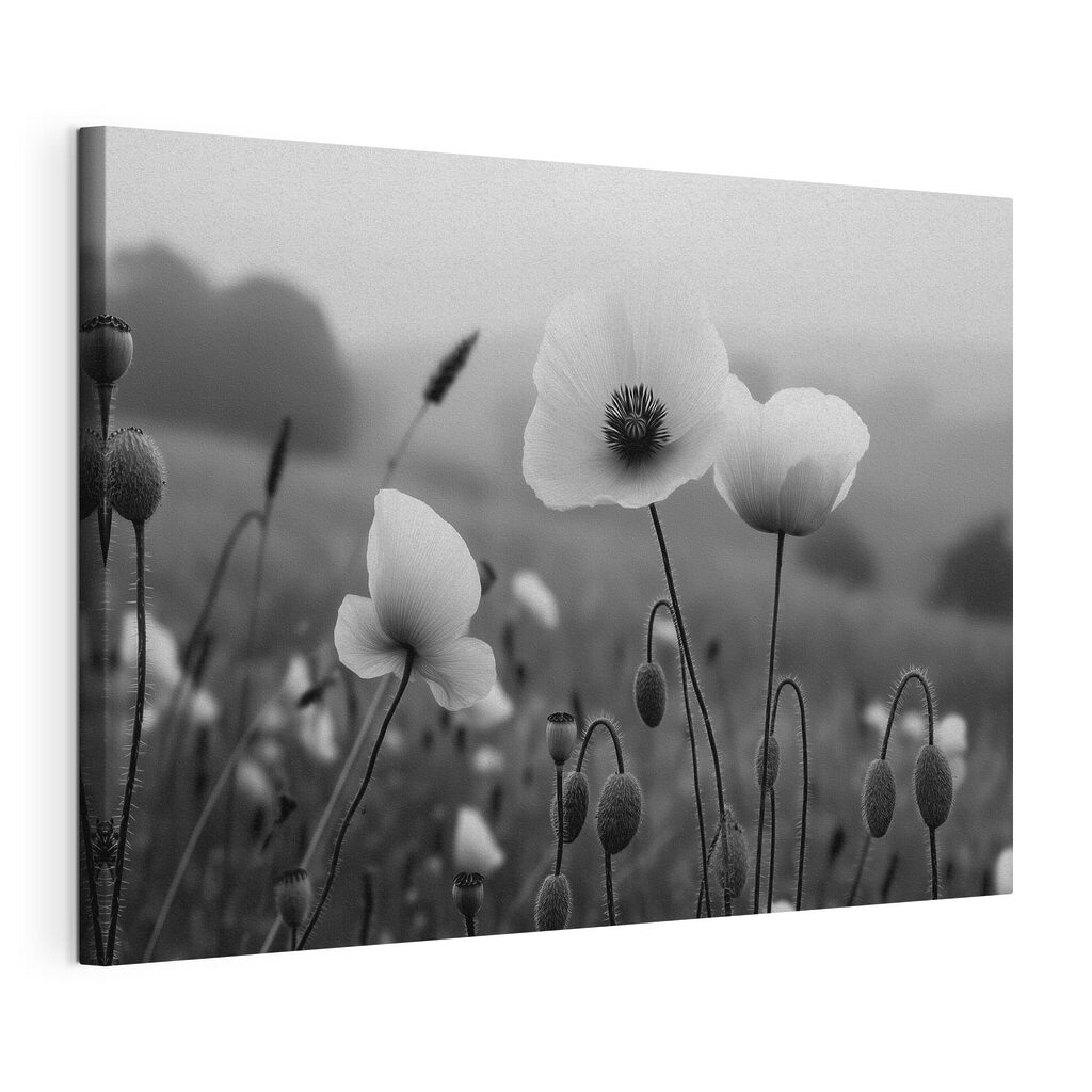 Verfijnde bloemen in een vredig landschap, gespannen canvas met doorlopende rand