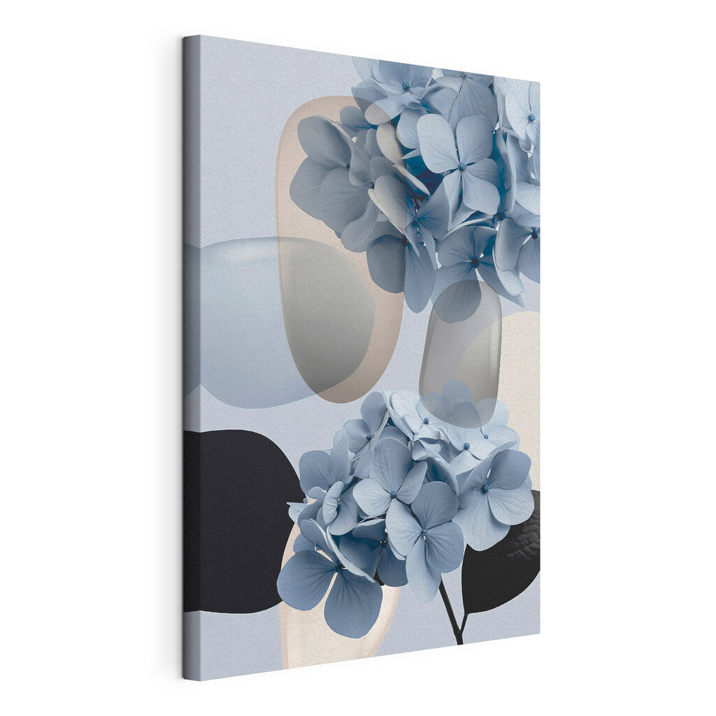 Groep blauwe bloemen, gespannen canvas met doorlopende rand