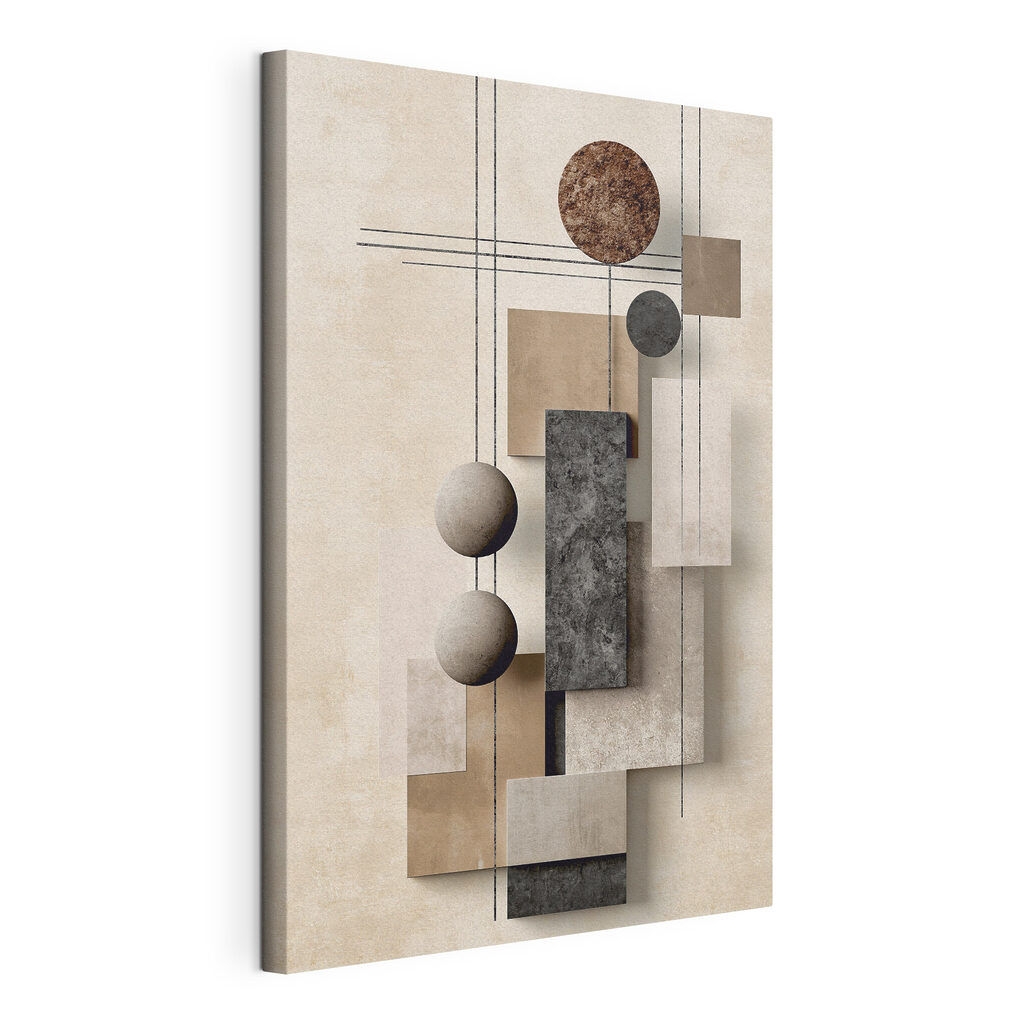 Abstracte vormen in neutrale tinten, gespannen canvas met doorlopende rand