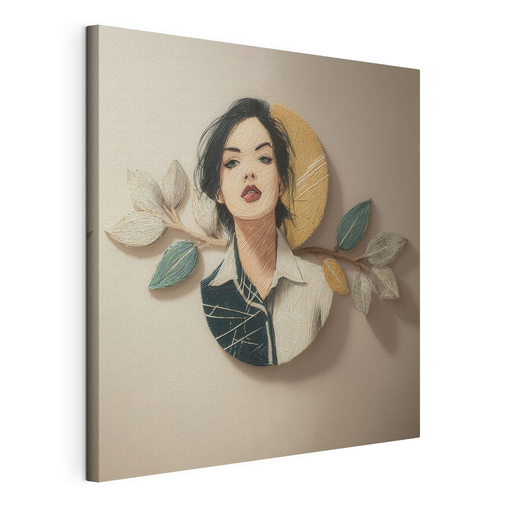 Gestileerd portret met natuurlijke elementen, gespannen canvas met doorlopende rand
