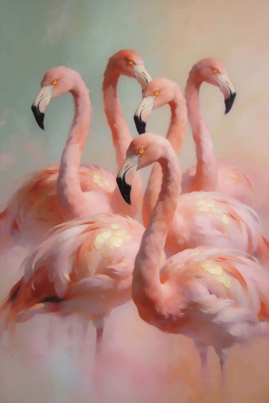 Roze flamingo’s in zachte pasteltinten in olieverfstijl — volledig ontwerp