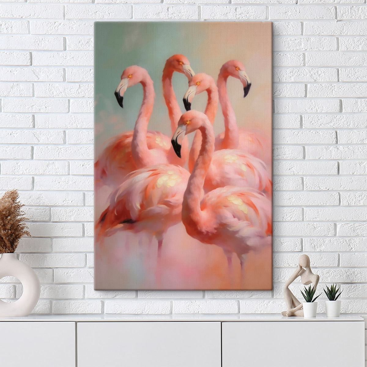 Roze flamingo’s in zachte pasteltinten in olieverfstijl — interieur 1