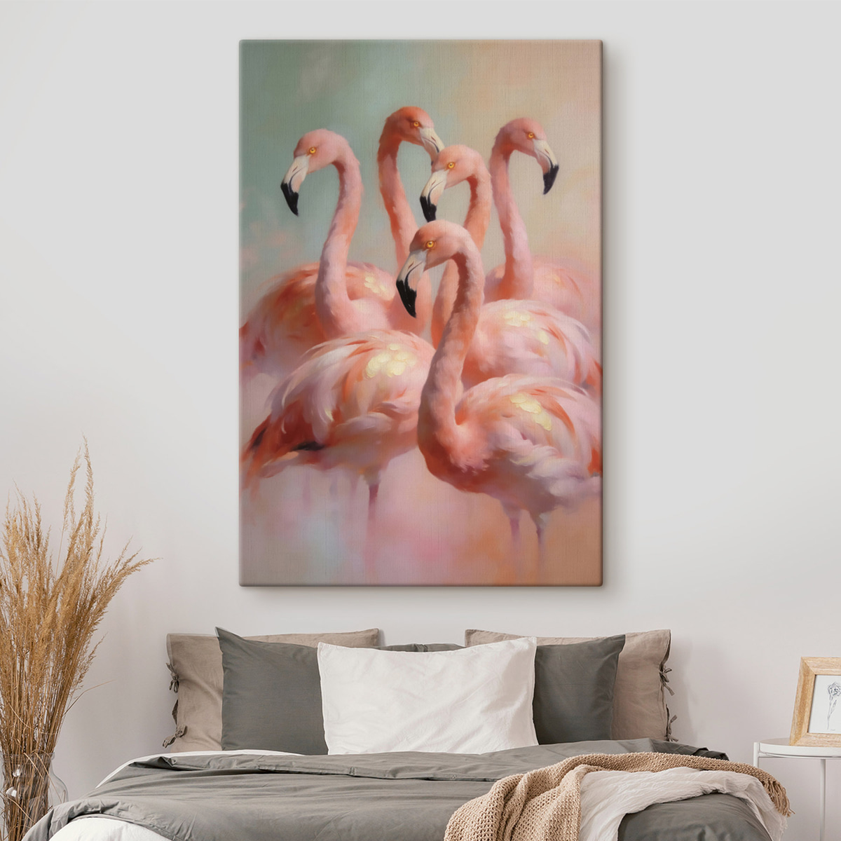 Roze flamingo’s in zachte pasteltinten in olieverfstijl — interieur 2