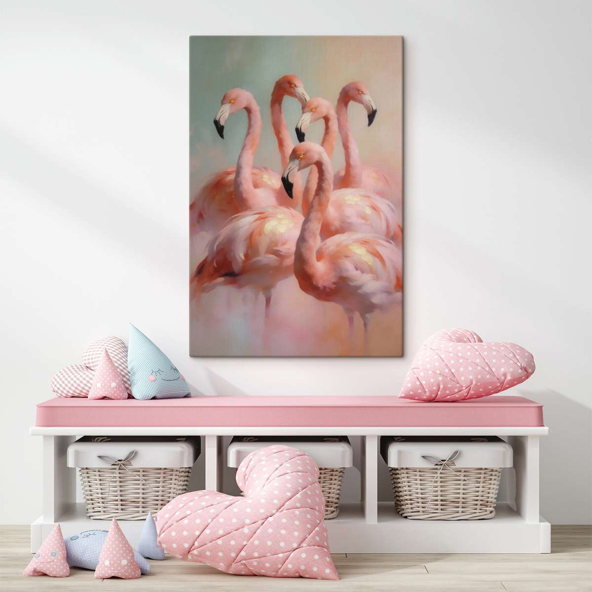 Roze flamingo’s in zachte pasteltinten in olieverfstijl — interieur 3