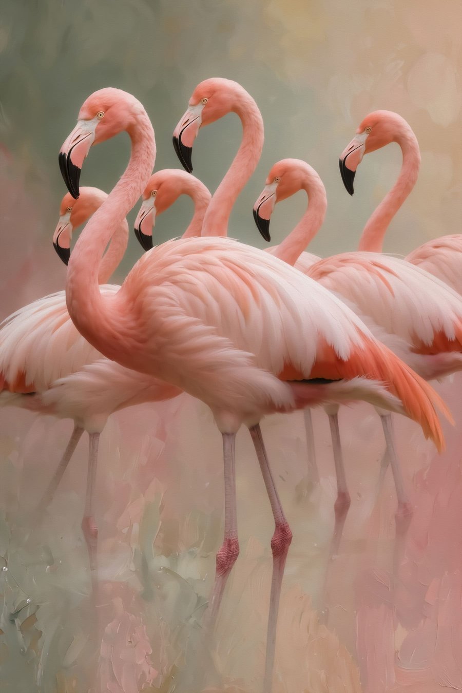 Decoratief portret van een zwerm flamingo’s in een eigentijdse schilderstijl — volledig ontwerp