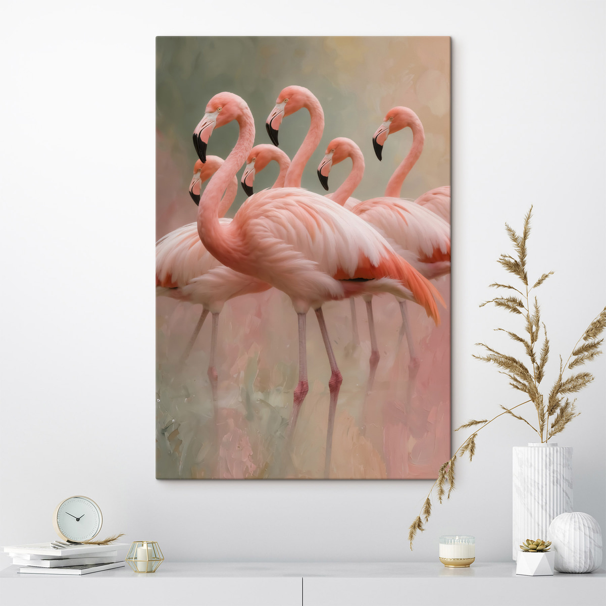 Decoratief portret van een zwerm flamingo’s in een eigentijdse schilderstijl — interieur 1