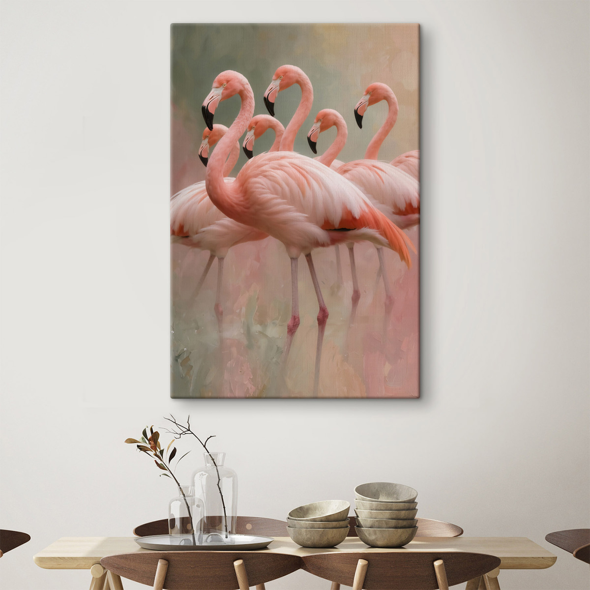 Decoratief portret van een zwerm flamingo’s in een eigentijdse schilderstijl — interieur 3