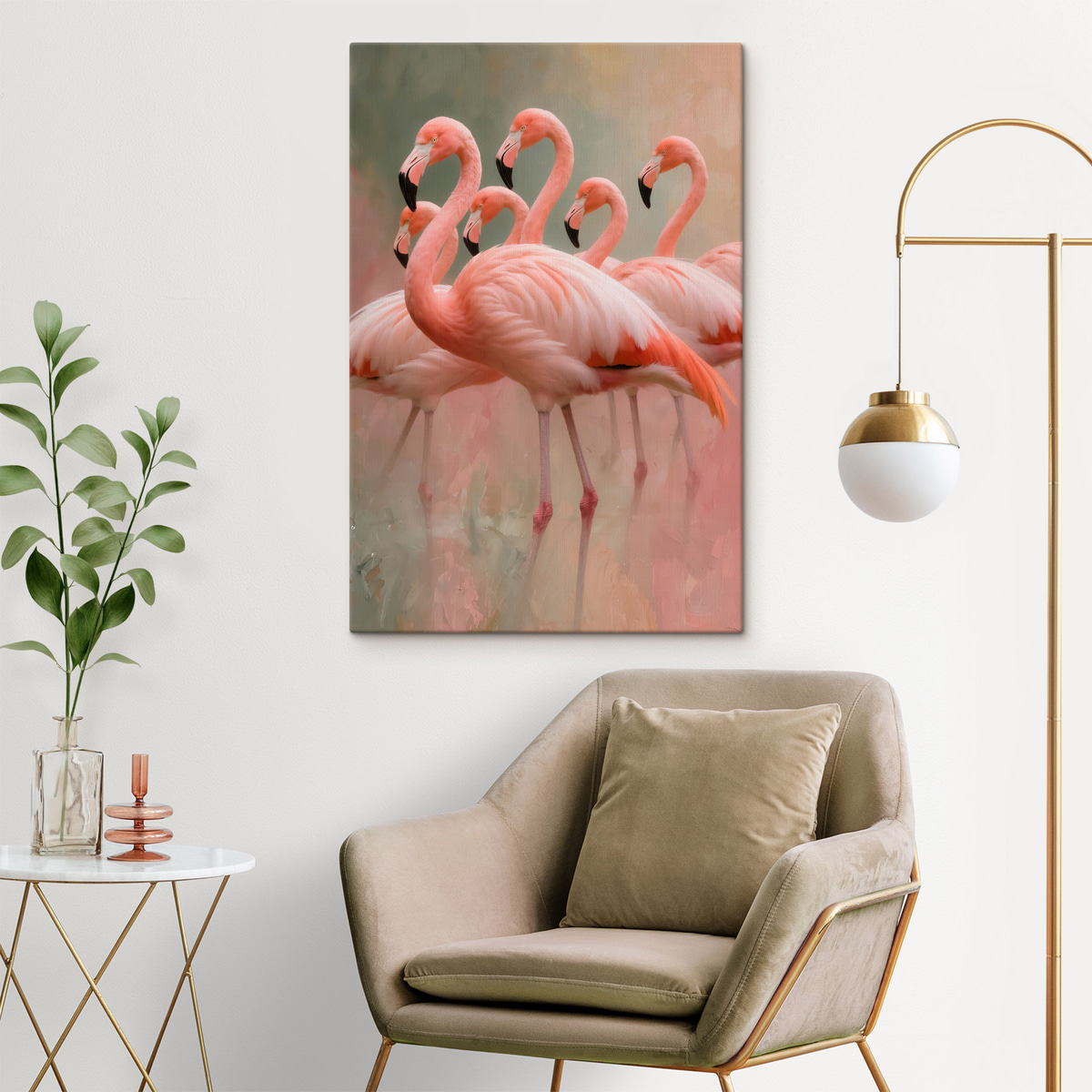 Decoratief portret van een zwerm flamingo’s in een eigentijdse schilderstijl — interieur 2