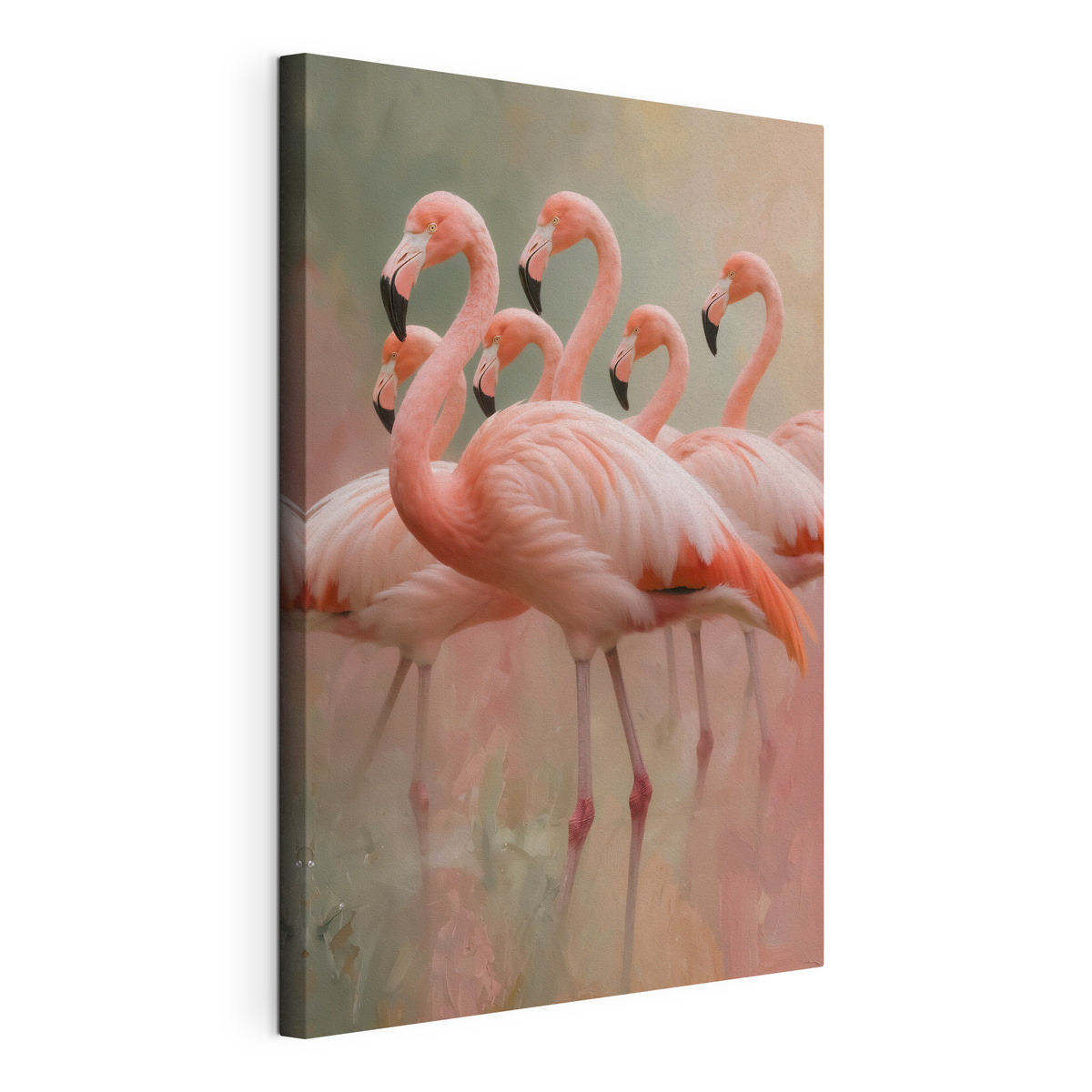 Decoratief portret van een zwerm flamingo’s in een eigentijdse schilderstijl, gespannen canvas met doorlopende rand