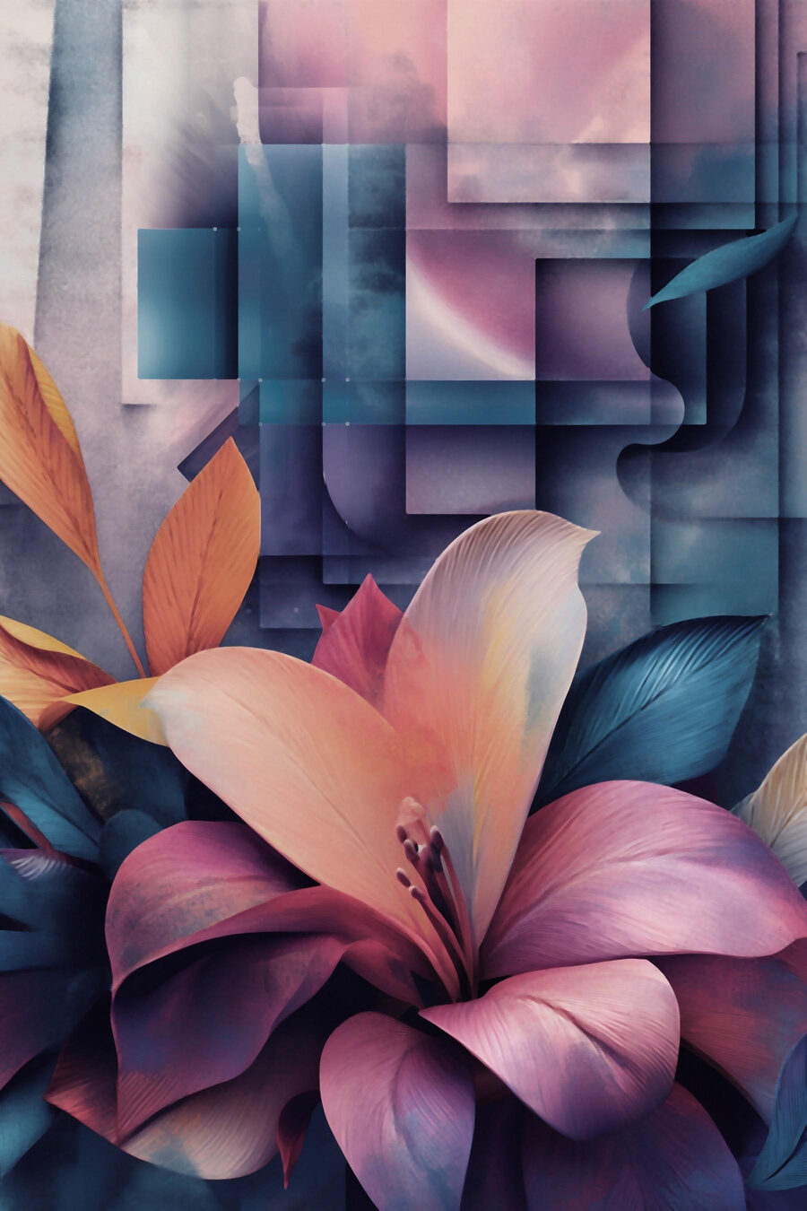 Levendige bloemen te midden van abstracte vormen — volledig ontwerp