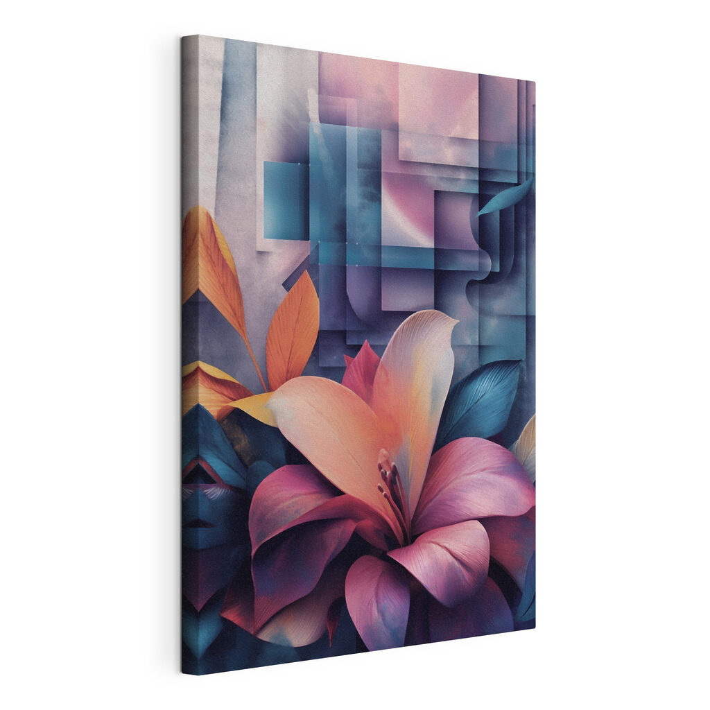 Levendige bloemen te midden van abstracte vormen, gespannen canvas met doorlopende rand