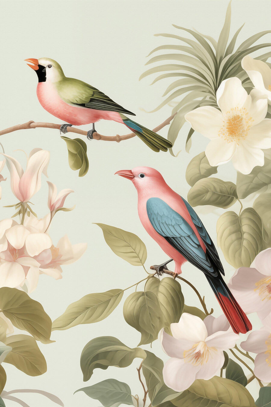 Een paar vogels op een tak met bloemen — volledig ontwerp
