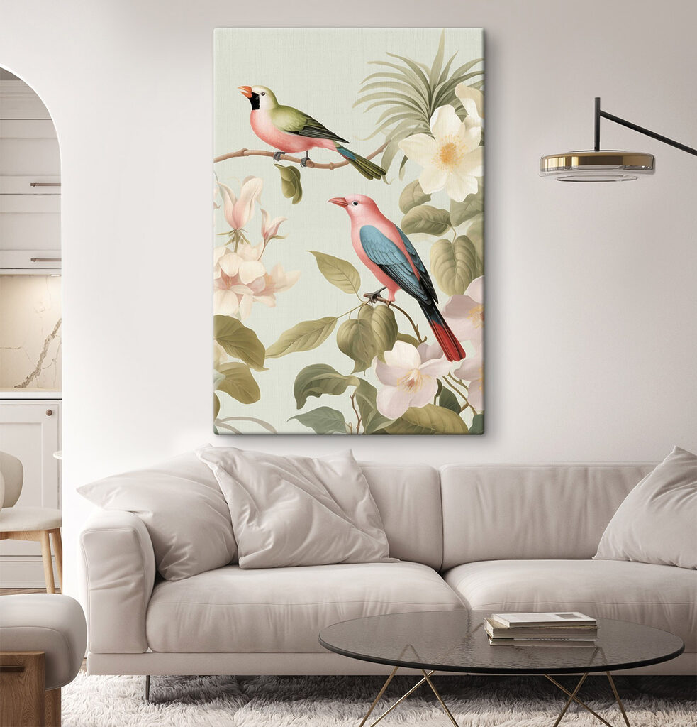 Een paar vogels op een tak met bloemen — interieur 1