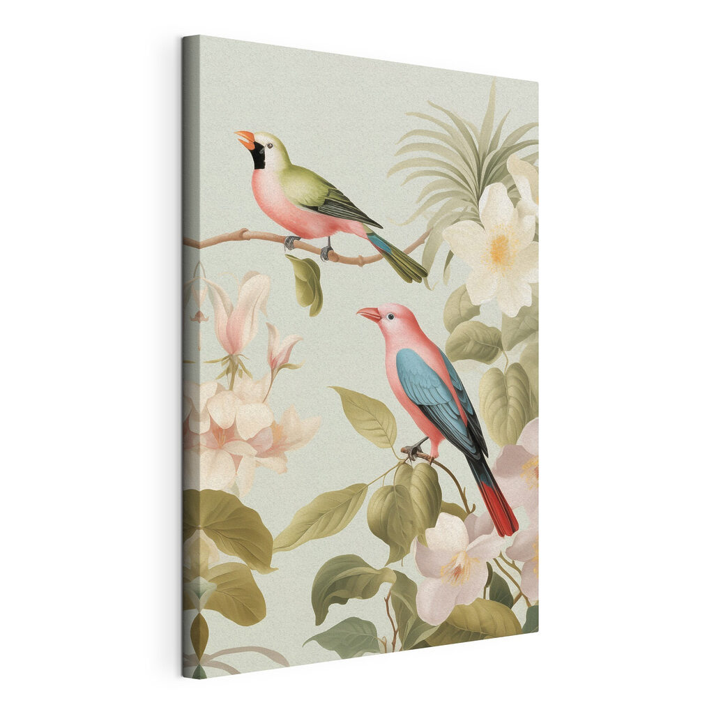 Een paar vogels op een tak met bloemen — productweergave