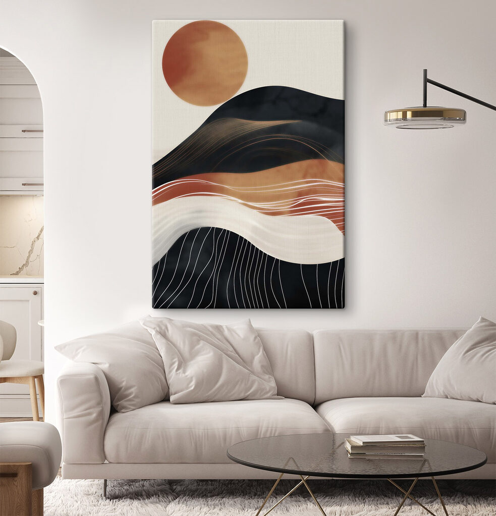 Schilderij van een berg met de zon erachter — interieur 1