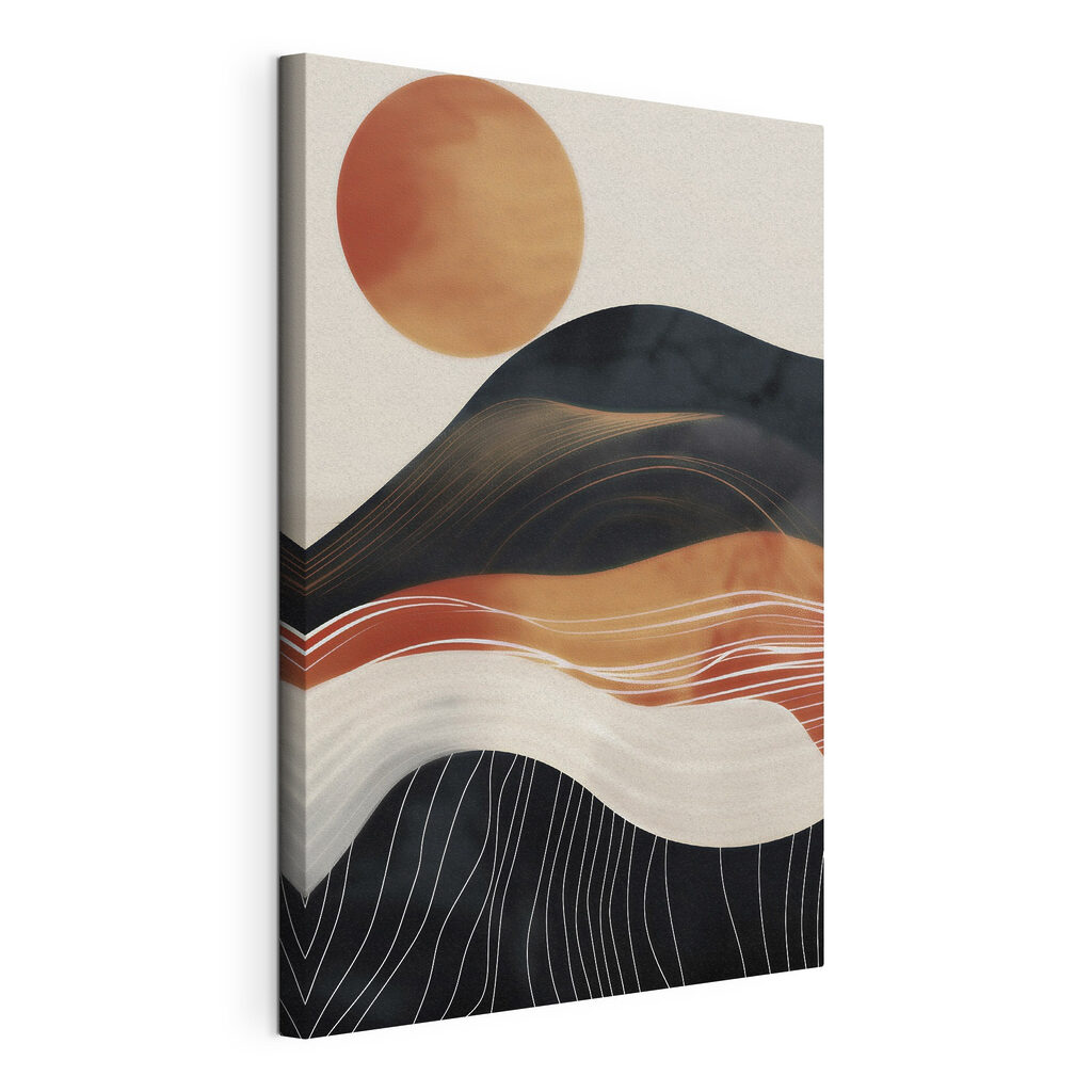Schilderij van een berg met de zon erachter, gespannen canvas met doorlopende rand
