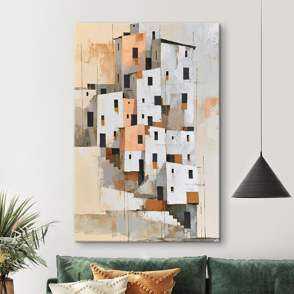 Schilderij van een groep gebouwen in een interieur