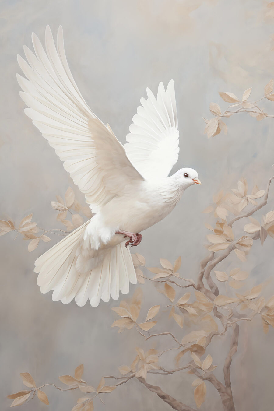 Een witte duif die door de lucht vliegt — volledig ontwerp