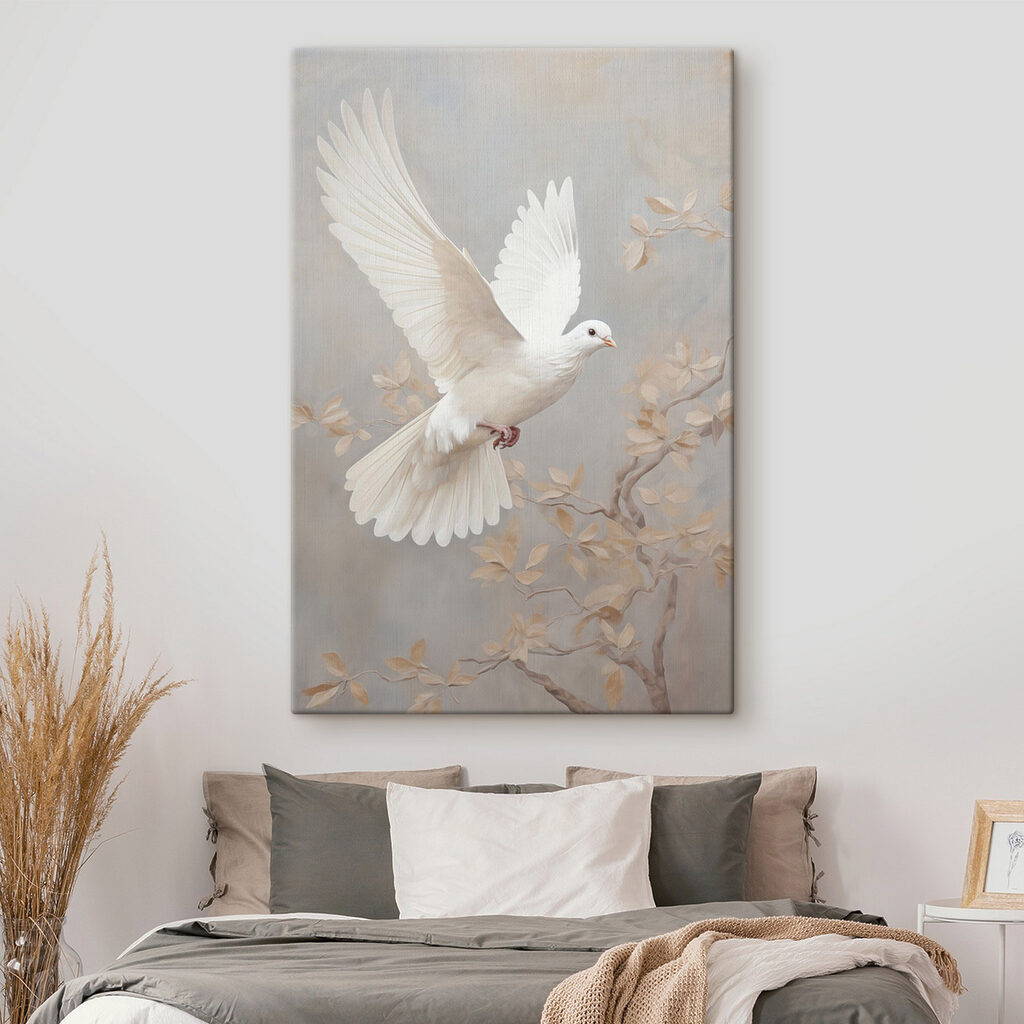 Een witte duif die door de lucht vliegt — interieur 1