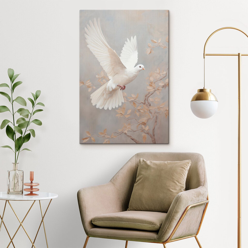 Een witte duif die door de lucht vliegt — interieur 2