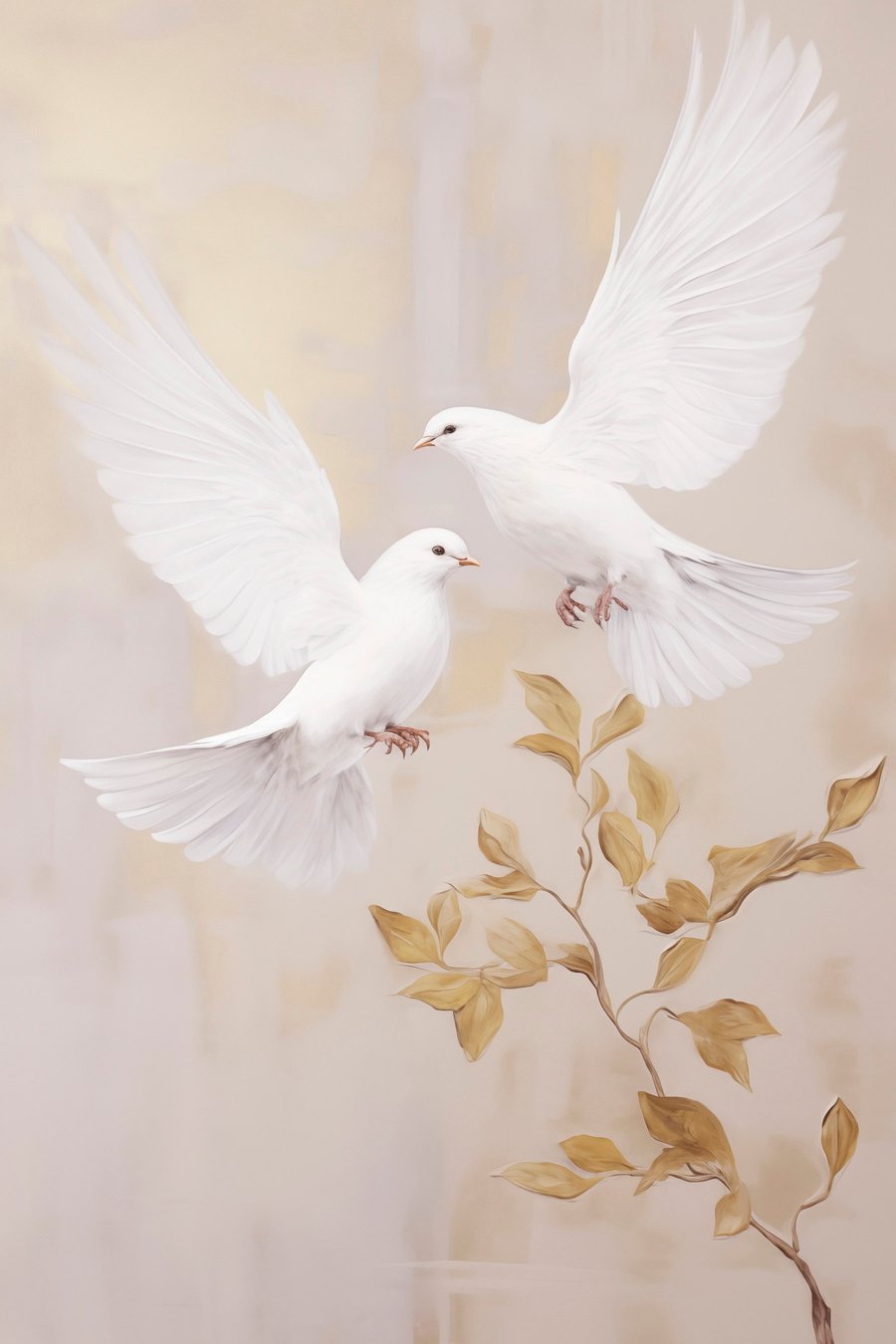 Een witte vogel bij een tak met lichtbruine bladeren, tegen een rustige achtergrond — volledig ontwerp