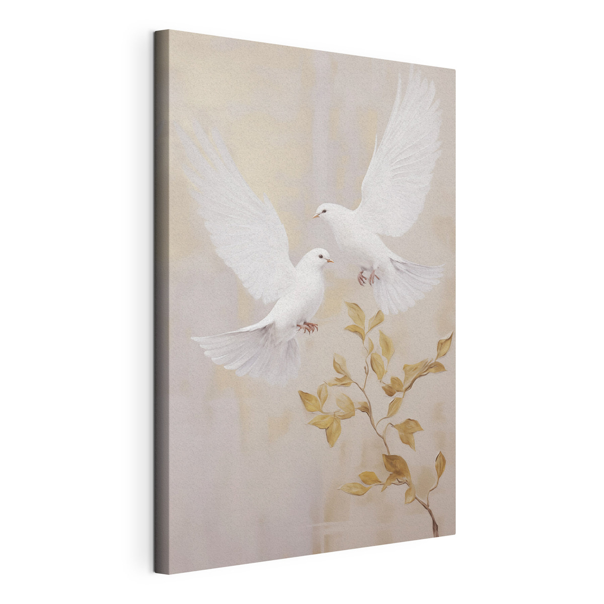Een witte vogel bij een tak met lichtbruine bladeren, tegen een rustige achtergrond, gespannen canvas met doorlopende rand