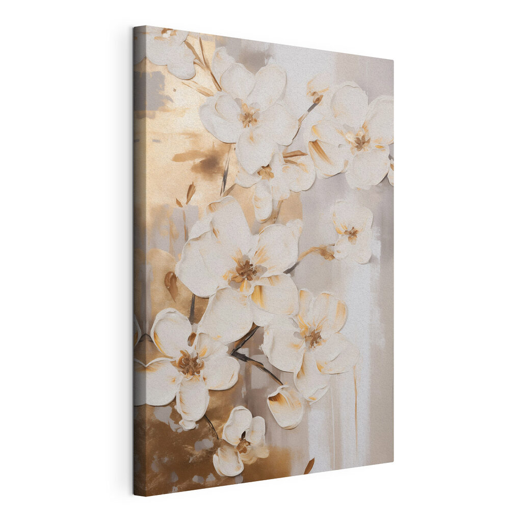 Elegante bloesems in zachte tinten, gespannen canvas met doorlopende rand