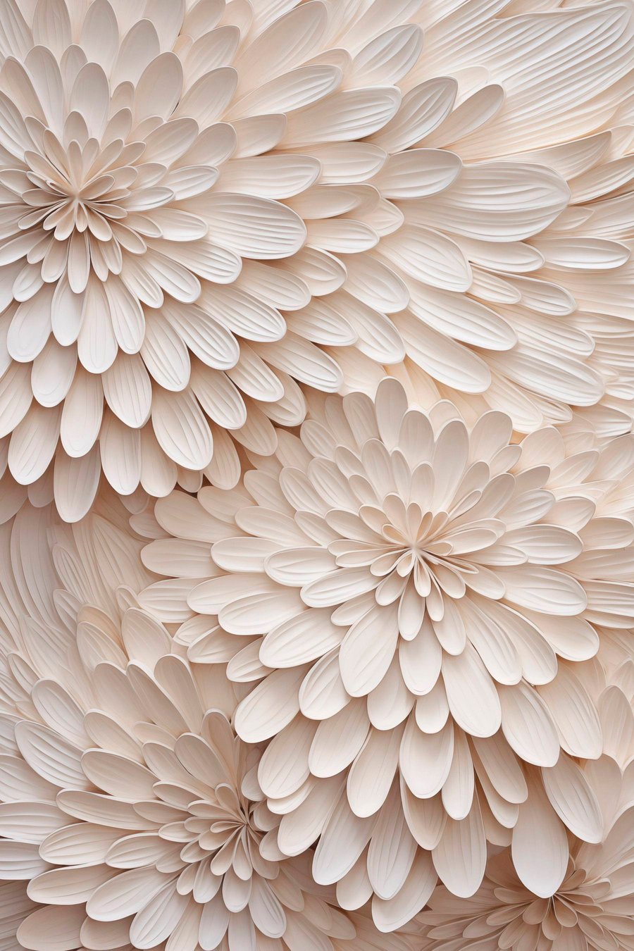 Gelaagde, crèmekleurige bloemblaadjes die abstracte bloemvormen vormen, kunst met textuur — volledig ontwerp