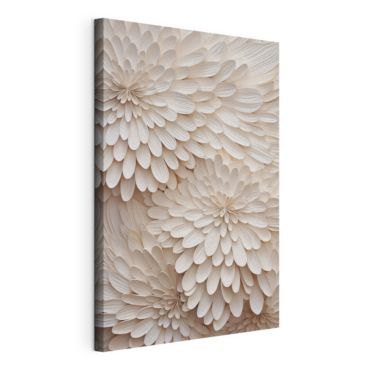 Gelaagde, crèmekleurige bloemblaadjes die abstracte bloemvormen vormen, kunst met textuur, gespannen canvas met doorlopende rand