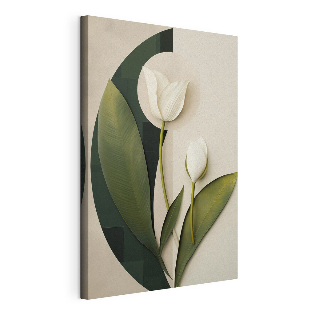 Witte bloemen met groene bladeren, gespannen canvas met doorlopende rand
