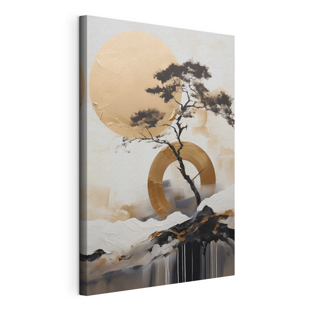 Een boom en een cirkel, gespannen canvas met doorlopende rand