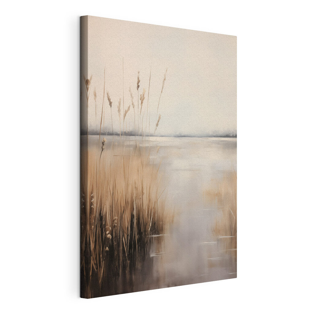 Water met hoog gras en een waterpartij, gespannen canvas met doorlopende rand