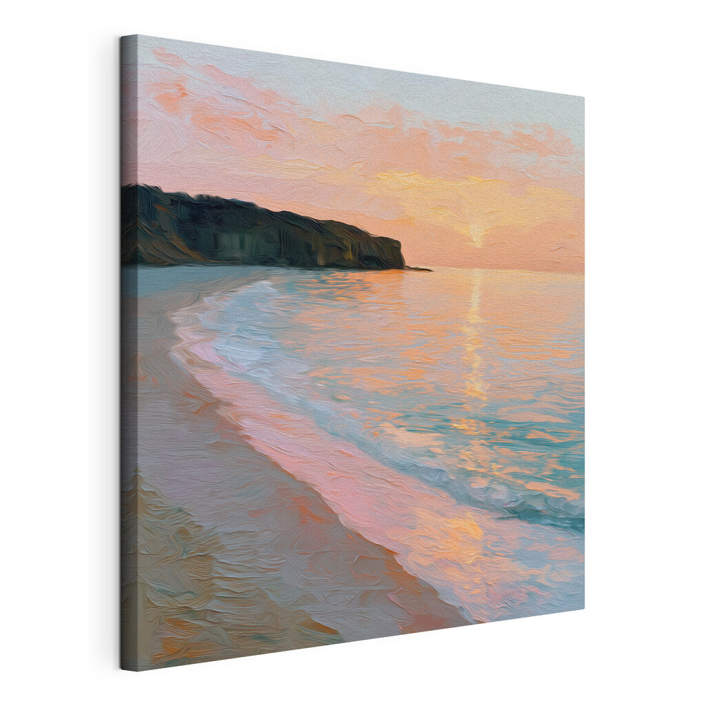 Strand met golven en kliffen, gespannen canvas met doorlopende rand