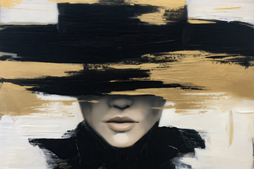 Schilderij van een vrouw met een hoed over haar ogen — volledig ontwerp