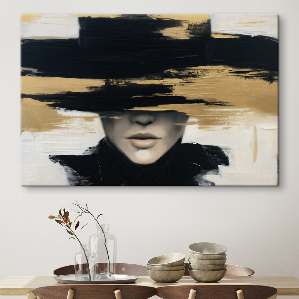 Schilderij van een vrouw met een hoed over haar ogen — interieur 1