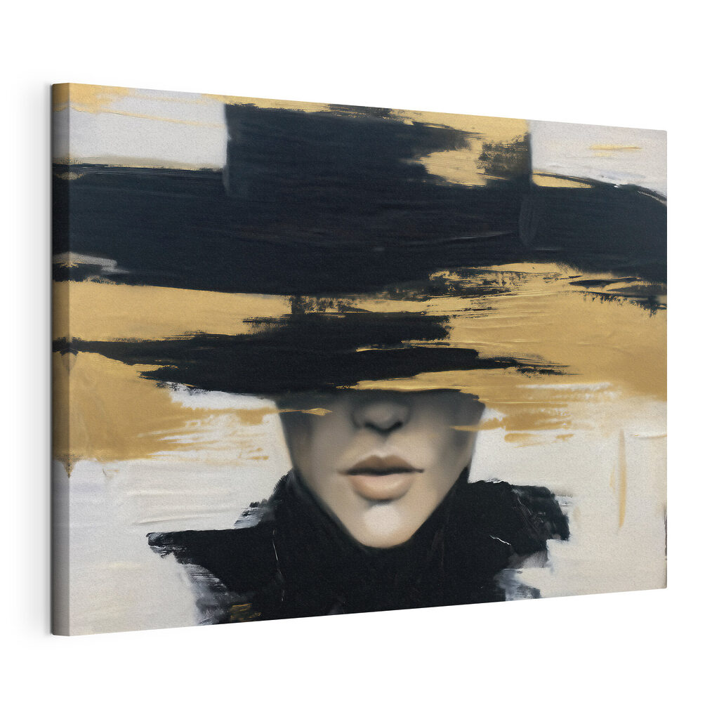 Schilderij van een vrouw met een hoed over haar ogen, gespannen canvas met doorlopende rand