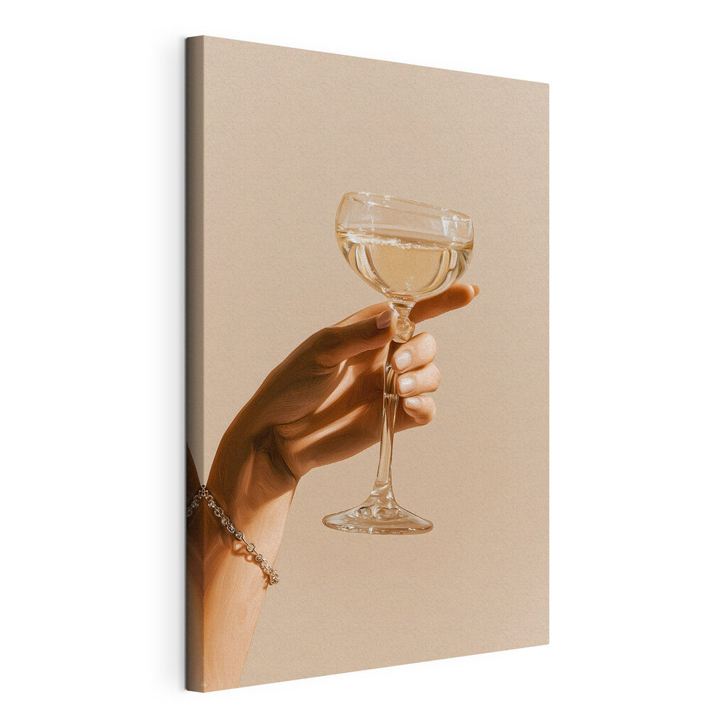 Hand met een glas wijn, gespannen canvas met doorlopende rand