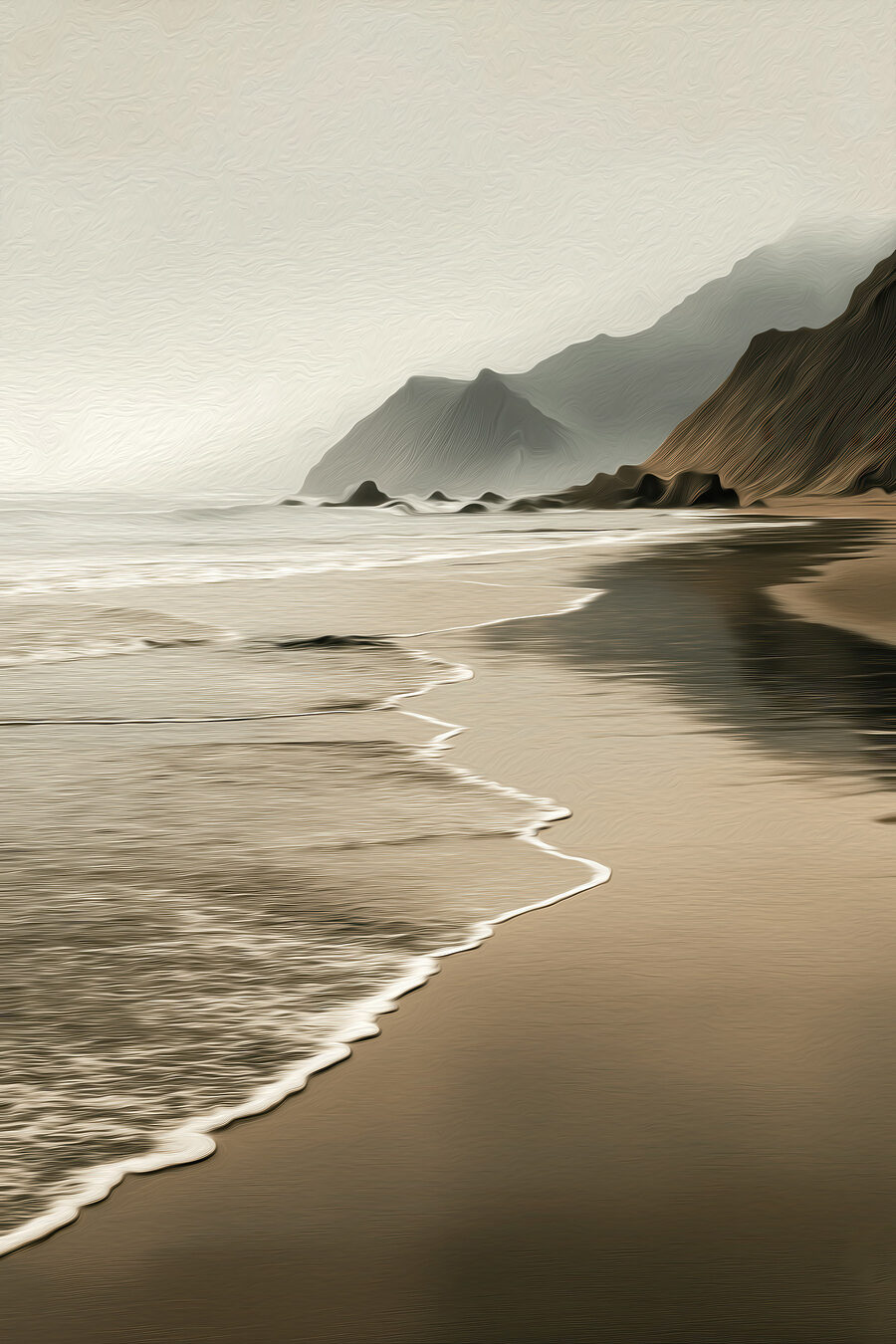 Strand met golven en bergen — volledig ontwerp