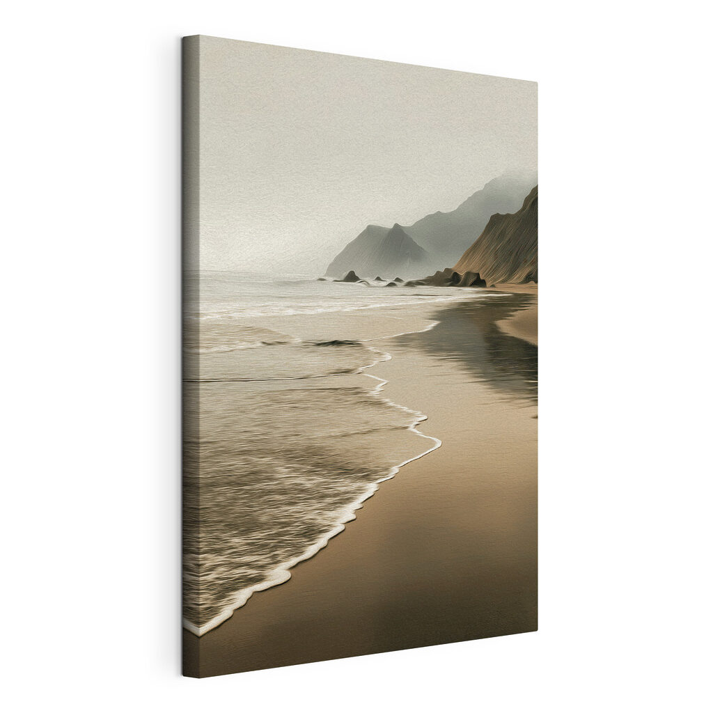 Strand met golven en bergen, gespannen canvas met doorlopende rand