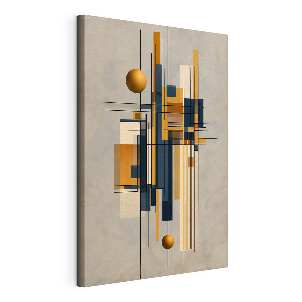 Kunstwerk met een bal en vierkanten, gespannen canvas met doorlopende rand