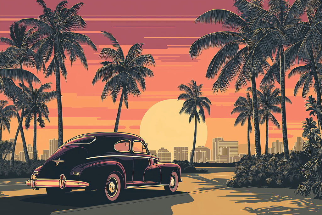 Auto geparkeerd op een weg met palmbomen en een stad op de achtergrond — volledig ontwerp