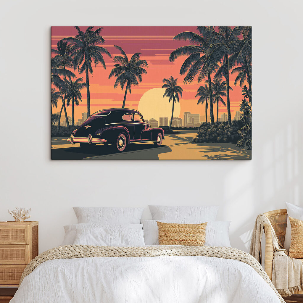 Auto geparkeerd op een weg met palmbomen en een stad op de achtergrond — interieur 1