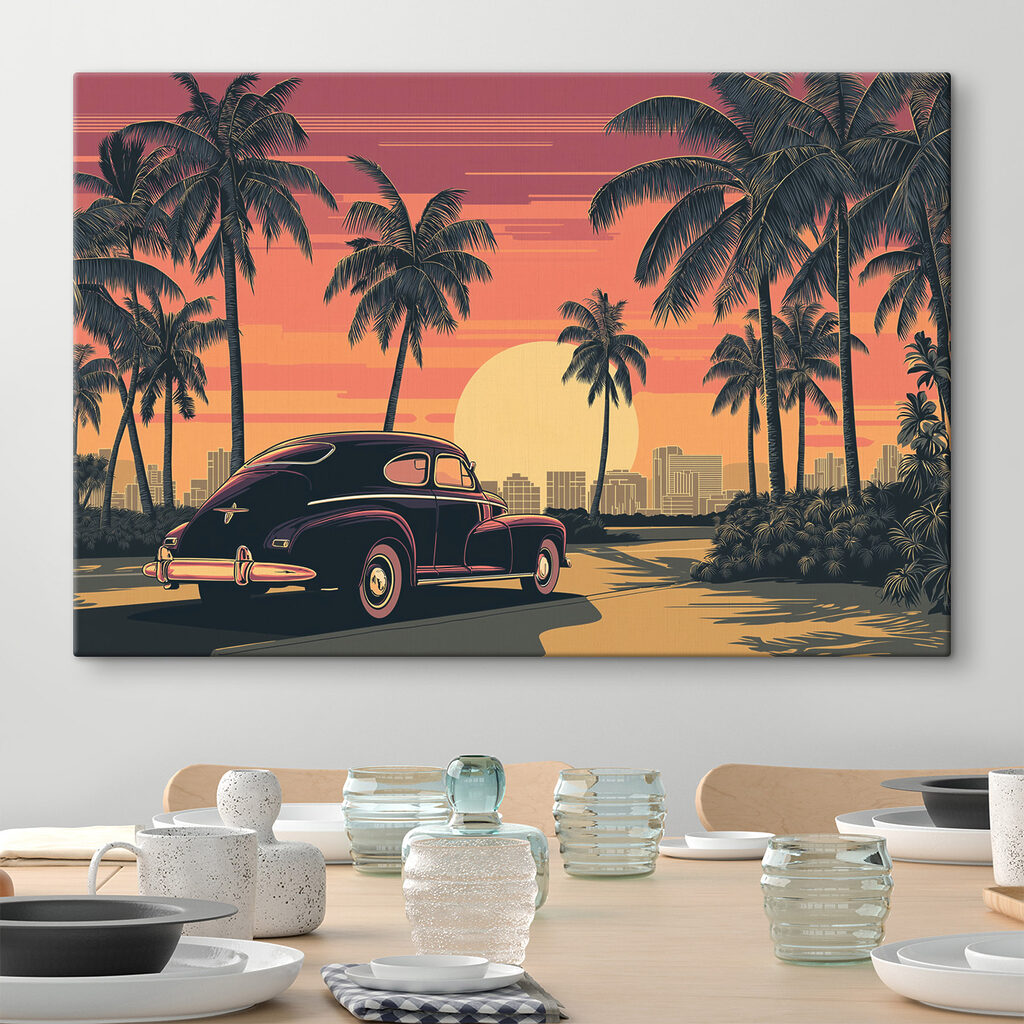 Auto geparkeerd op een weg met palmbomen en een stad op de achtergrond — interieur 2