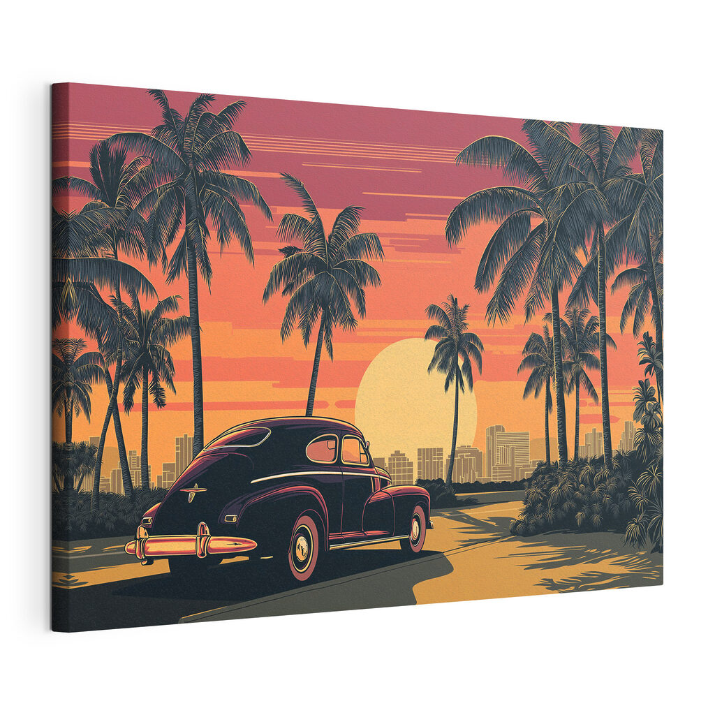 Auto geparkeerd op een weg met palmbomen en een stad op de achtergrond, gespannen canvas met doorlopende rand
